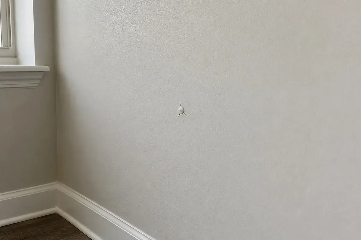 Close view of a drywall fastener pop with a small raised spot and cracked finish