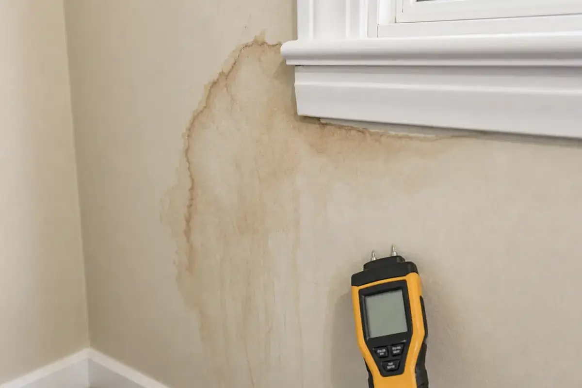 Brown stain on drywall showing a moisture clue that should stop cosmetic crack repair