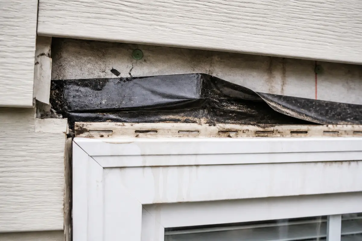 Exposed flashing tape and siding edge checked at a leaking window opening