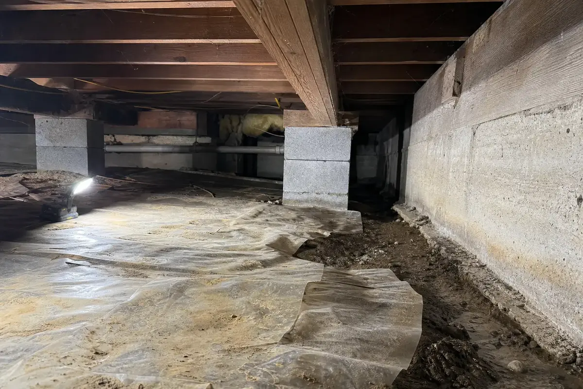 Crawl space framing and damp wood checked below a sagging floor