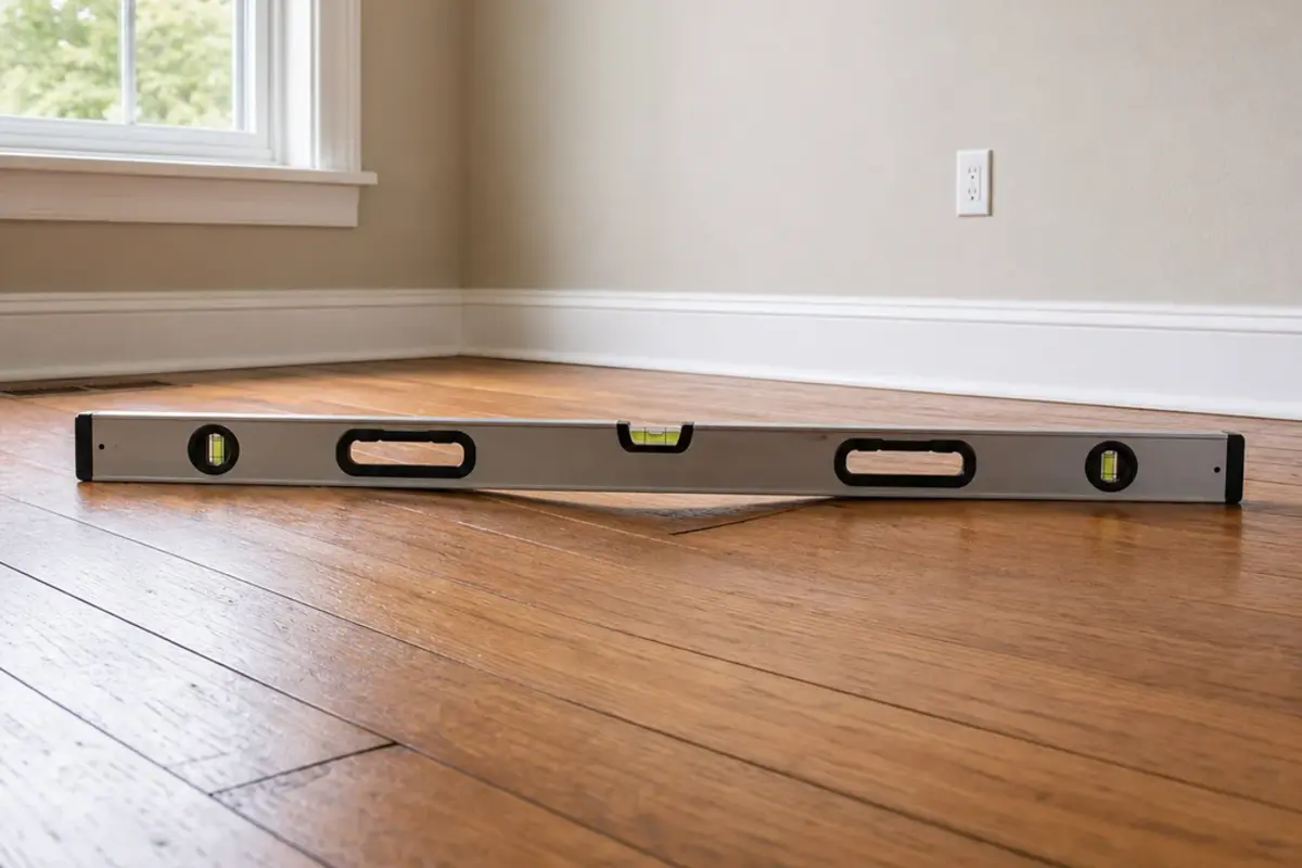 Interior floor with a visible sag used to map the low area before repair