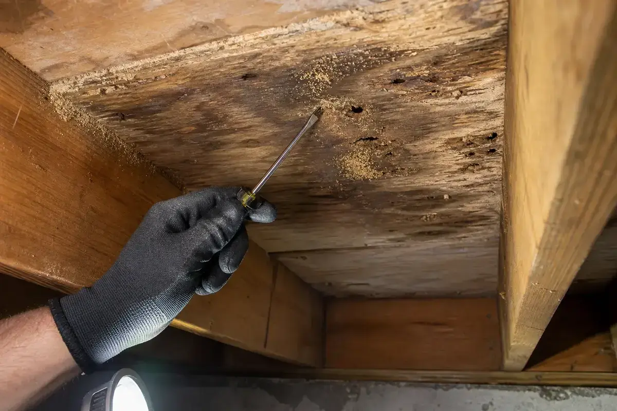 Probe checking a damaged subfloor area for softness before floor repair