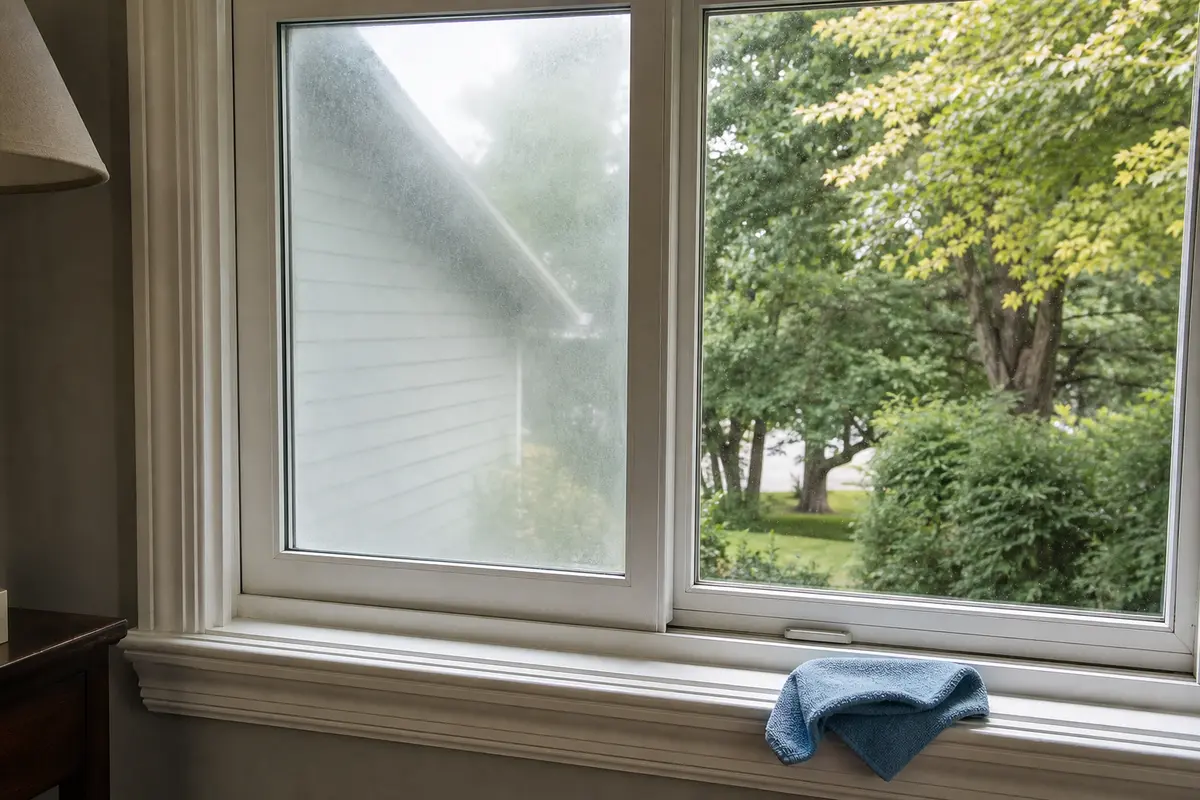 Foggy double pane window with one cloudy sash and one clear sash in a real room
