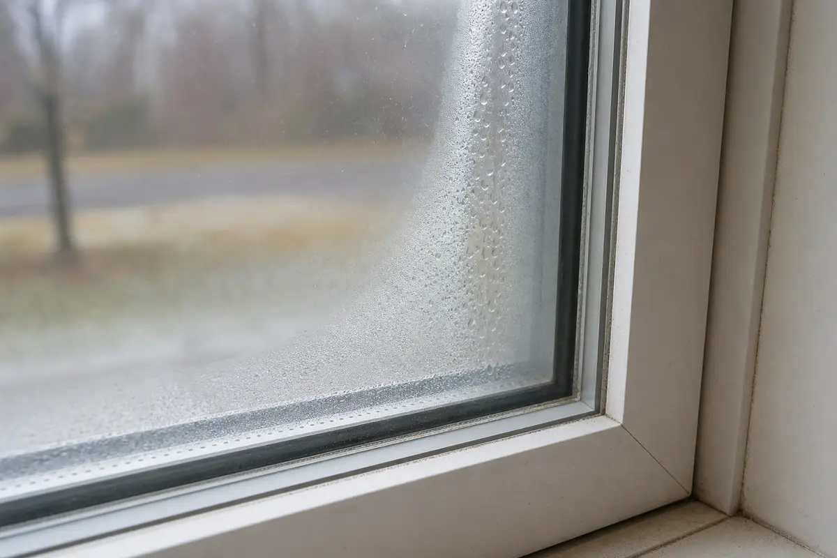Close view of moisture and haze near the edge of a double pane window glass unit