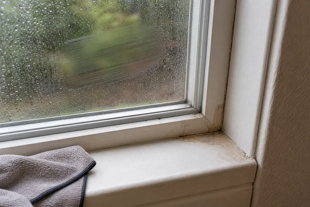 Lower window corner with damp sill staining and a cloth after a foggy window wipe test