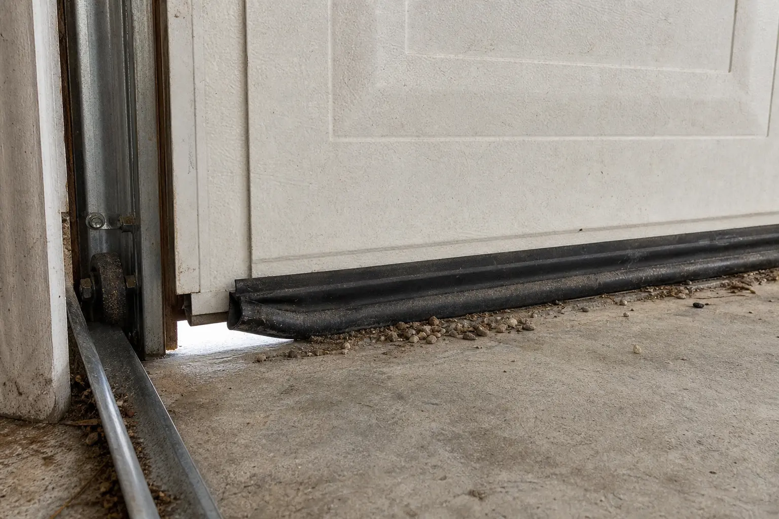 Garage door bottom seal and debris at the threshold that can make the door reverse near the floor