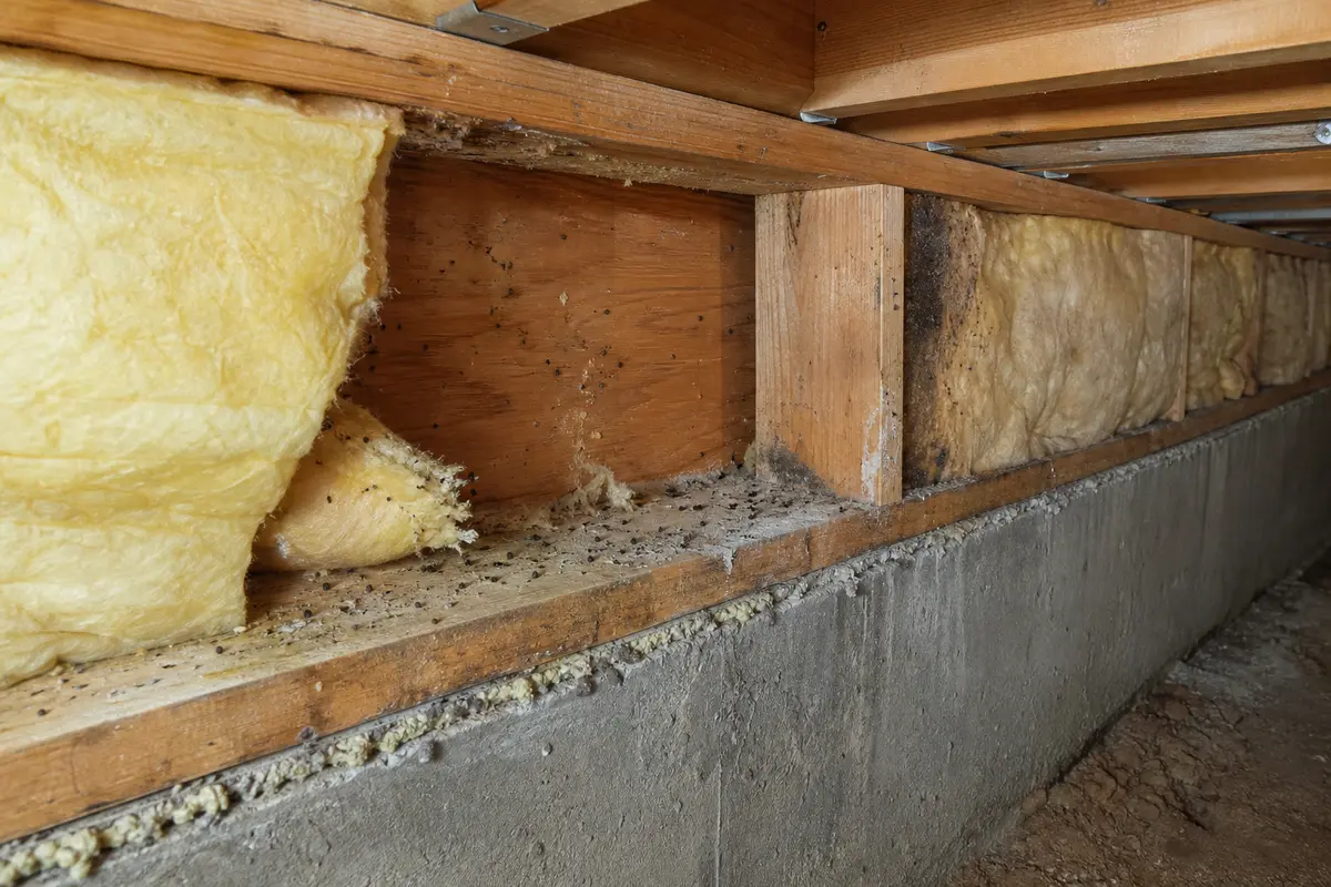 Basement rim joist area with insulation pulled back for mouse damage inspection