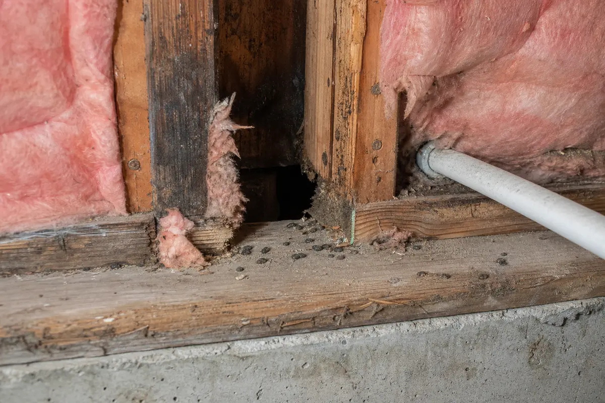 Close inspection of rim joist insulation and nearby gap where mice may enter