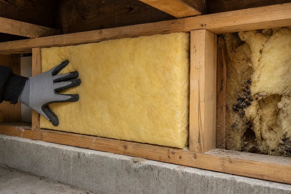 Replacement insulation material sized for a clean rim joist bay after mouse damage
