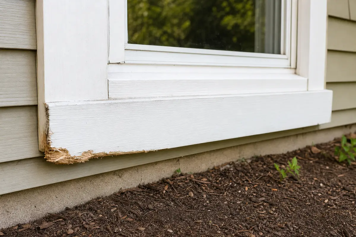 Ground level exterior window with rabbit chew marks low on the painted trim board