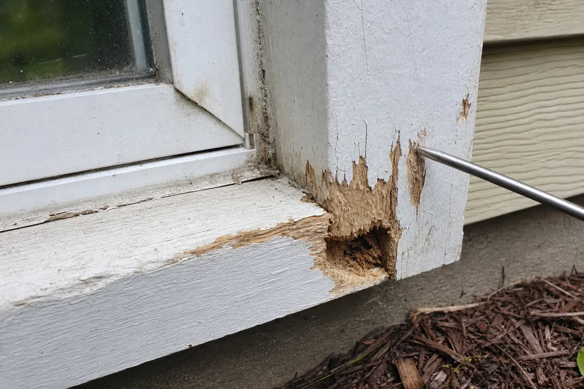 Screwdriver tip probing rabbit-chewed exterior window trim for soft wood