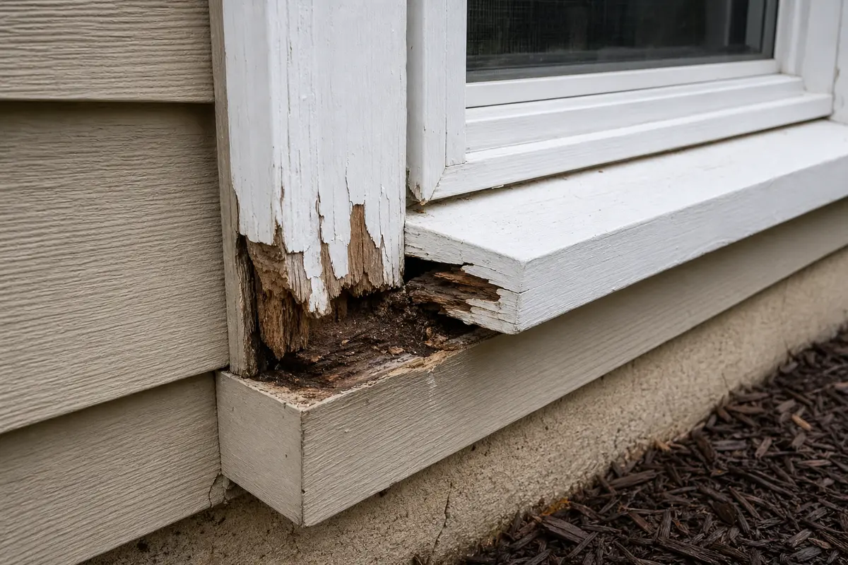 Deeply chewed lower window trim with staining and an open joint that should not be patched over