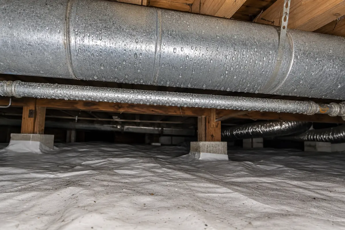 Condensation beads on crawlspace duct and cold water pipe above mostly dry ground cover