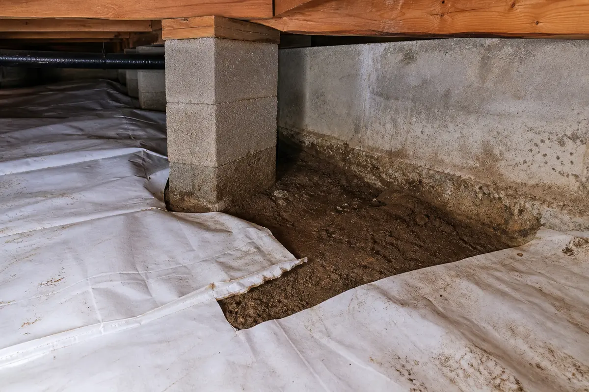 Torn crawlspace vapor barrier stopping short of a pier and foundation wall with damp soil exposed