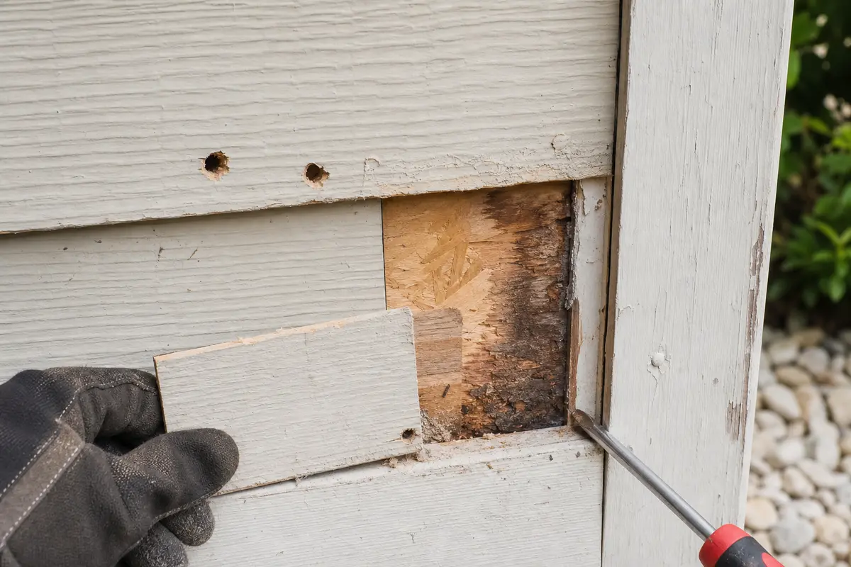 Opened siding area showing woodpecker holes and backing being checked for staining or softness