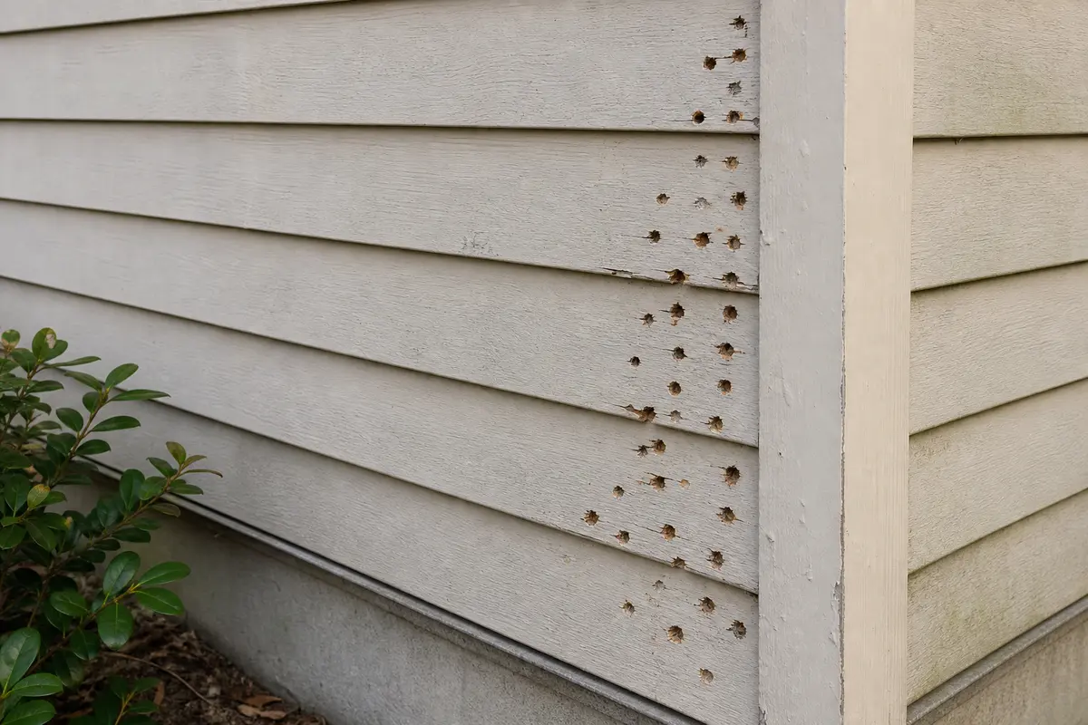 Siding wall with localized woodpecker peck holes near an exterior corner detail