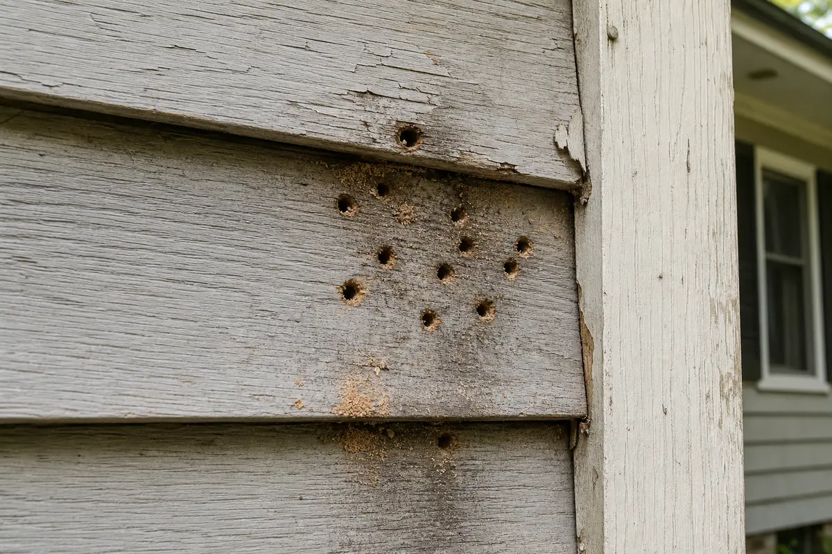 Close view of clustered woodpecker holes in weathered siding with staining and loose debris near trim
