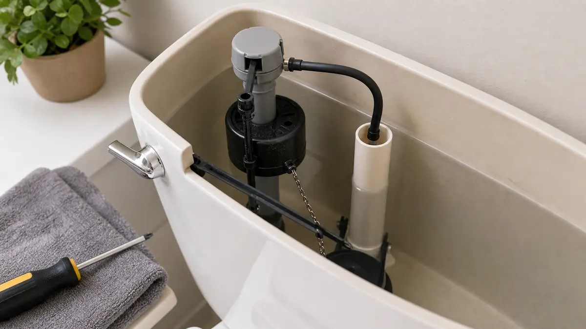 Toilet fill valve float adjustment checked beside the overflow tube in a running toilet tank