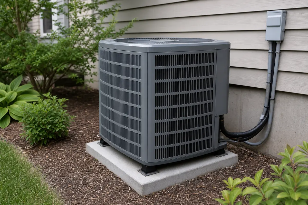 Clean unbranded outdoor heat pump on its pad with open space around the cabinet