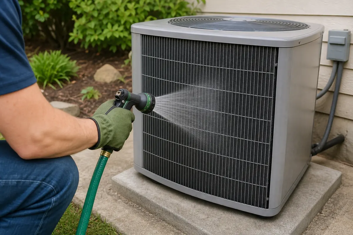 Gloved homeowner rinsing an outdoor heat pump coil with a gentle garden hose fan spray