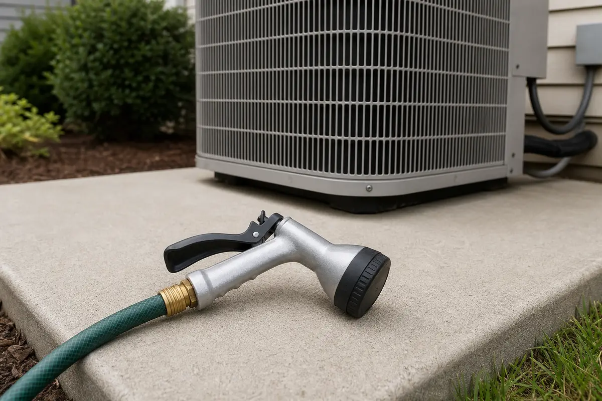Simple garden hose spray nozzle beside an outdoor heat pump