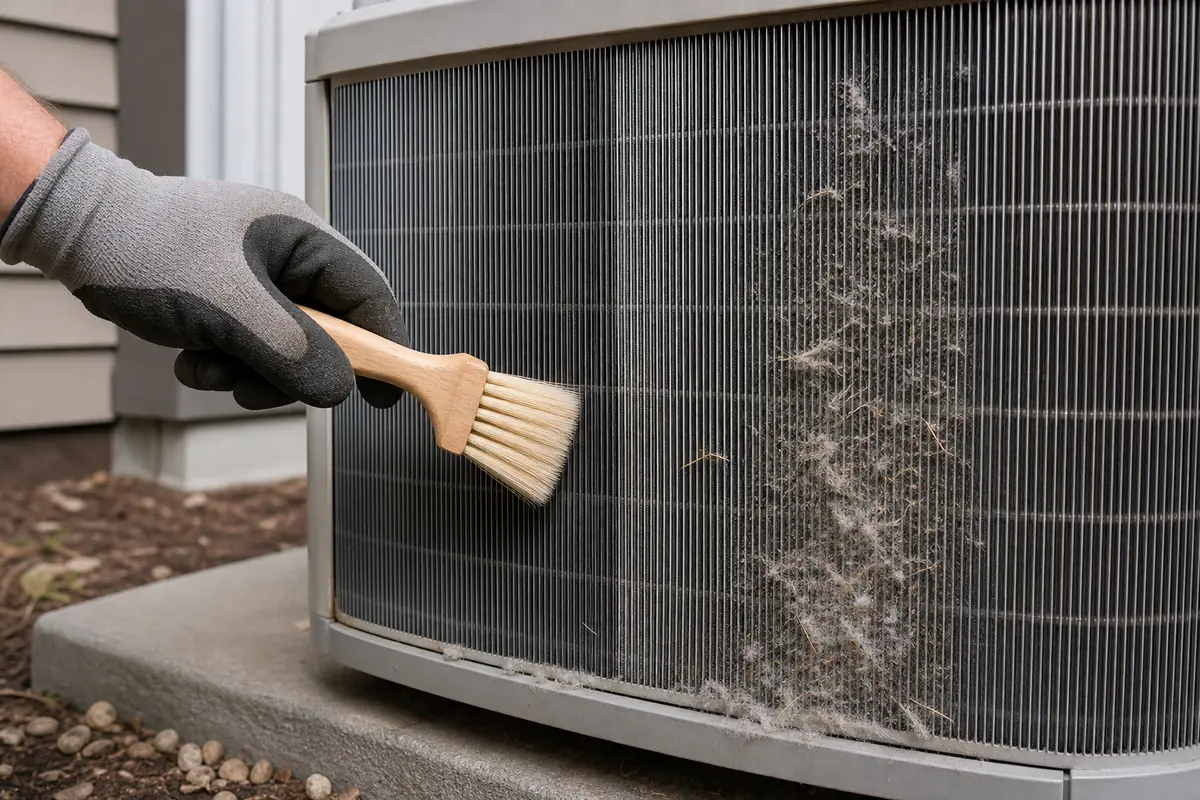 Soft nylon brush lifting cottonwood debris from the heat pump coil face