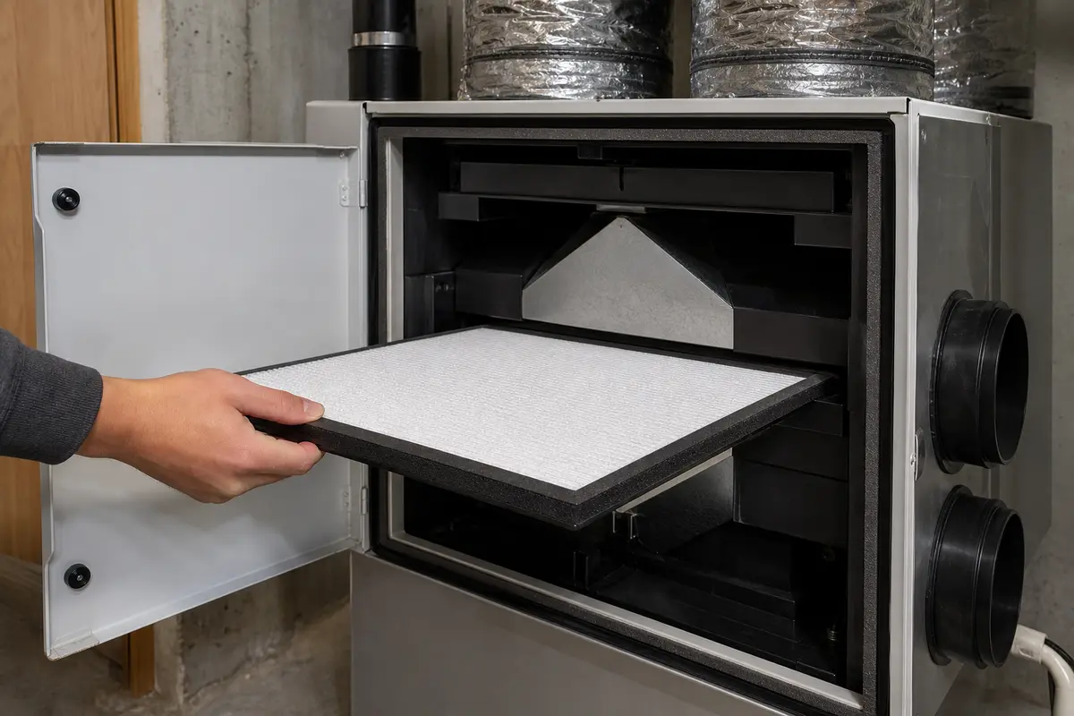 HRV or ERV filter seated flat in the cabinet track after cleaning