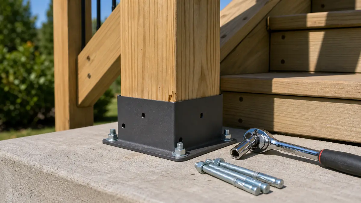 Deck stair post base with anchor bolts and socket wrench nearby