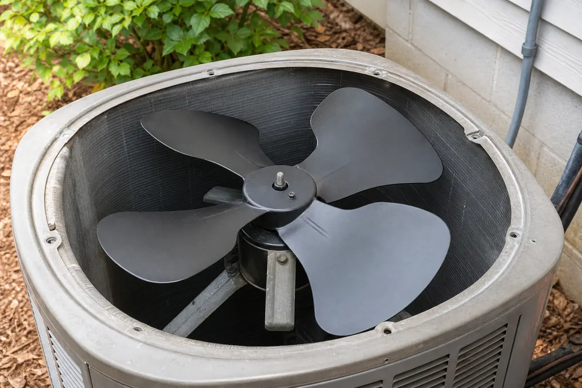 Replacement condenser fan blade dry-fit on the motor shaft with even shroud clearance