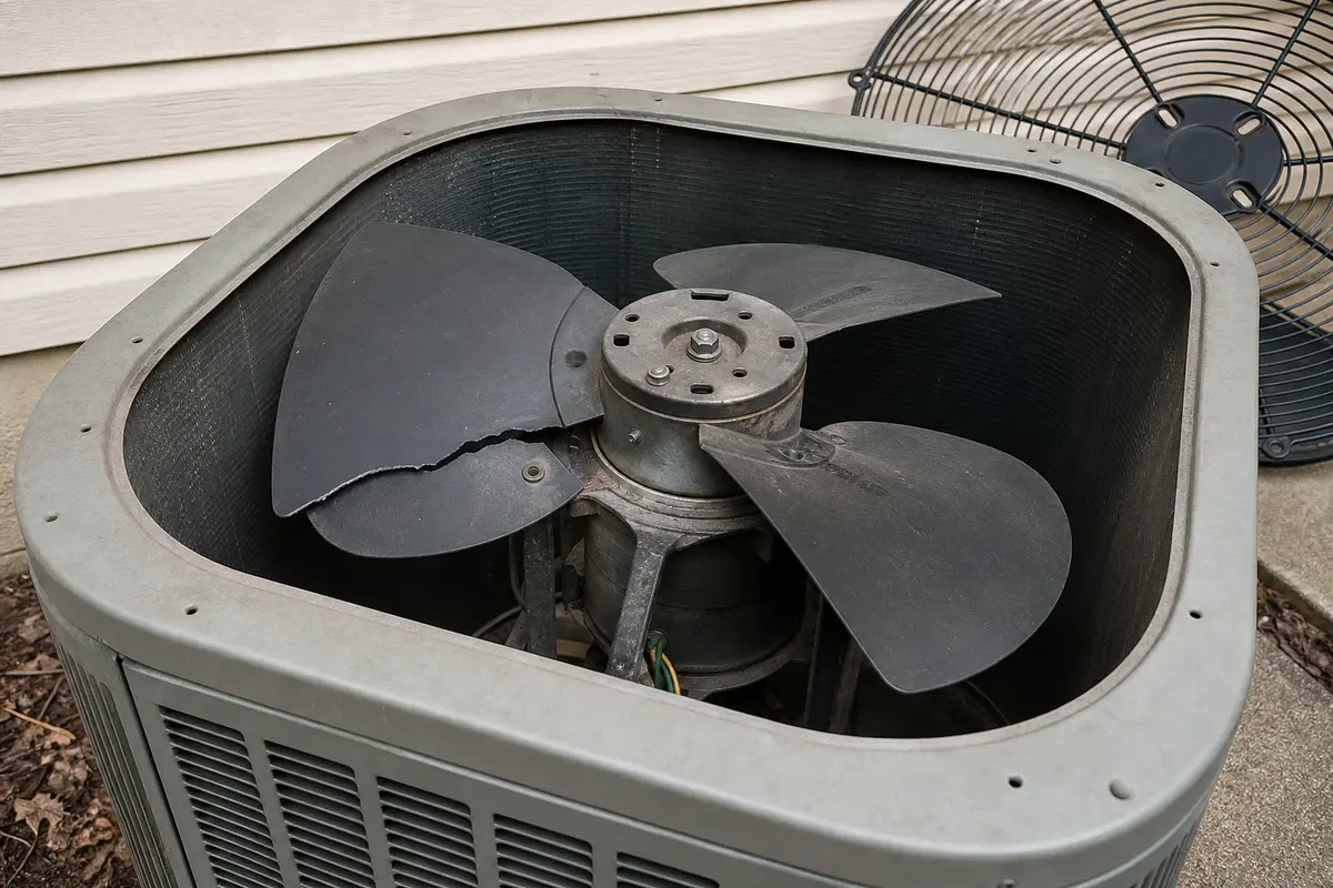 Damaged air conditioner condenser fan blade with rub marks near the outdoor unit shroud