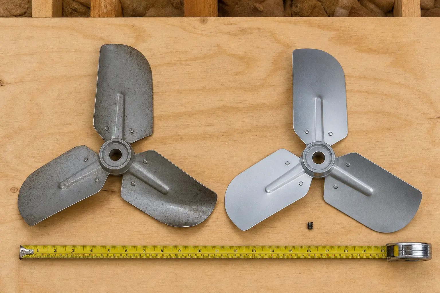Old bent three-blade attic ventilator fan blade beside a straight replacement blade with matching diameter and center bore