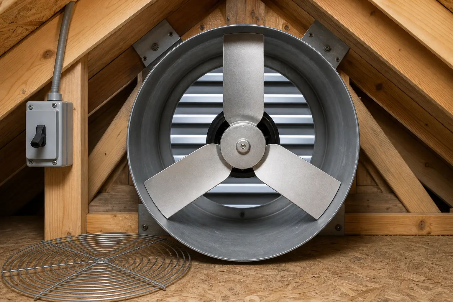 Three-blade powered attic ventilator with straight blades and even clearance inside a round metal housing while the service switch is off