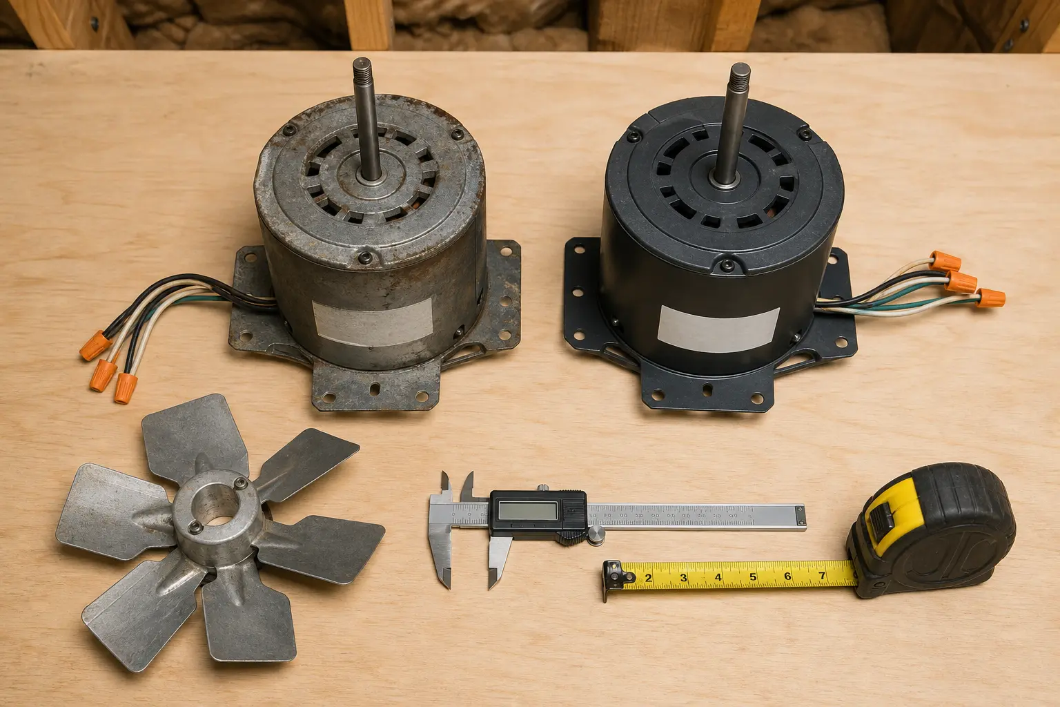 Old and new unbranded attic ventilator motors compared for shaft length, mounting holes, leads, and blade hub fit on a plywood workbench