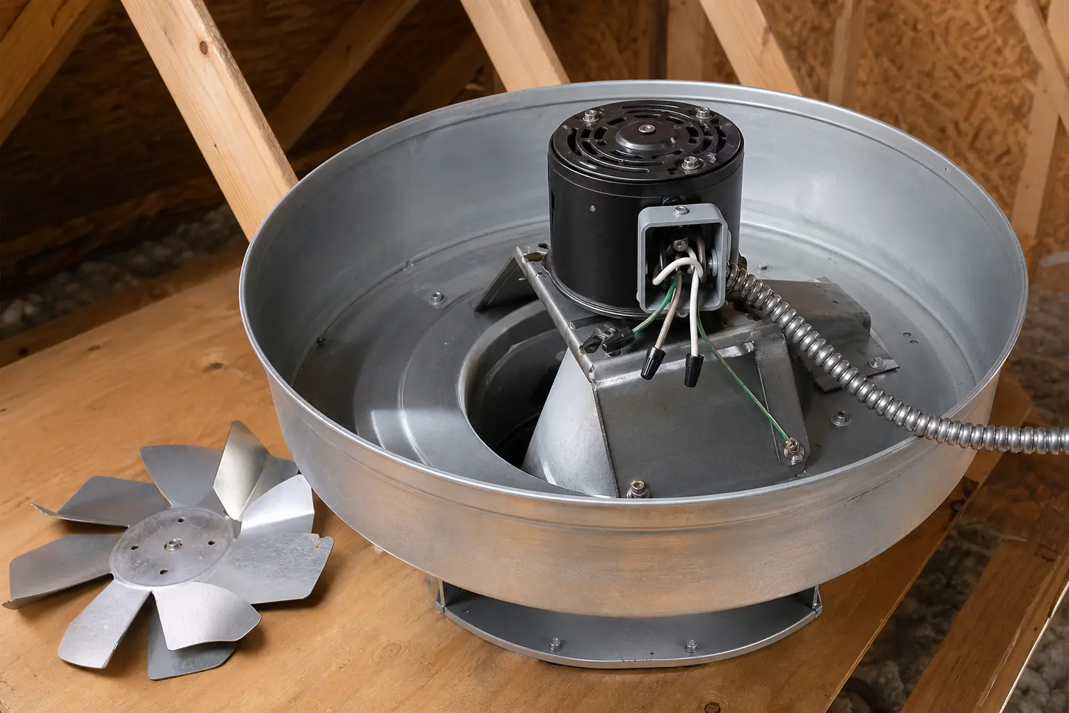 Powered attic ventilator opened for motor service with the blade removed, motor bracket exposed, and de-energized conductors individually capped