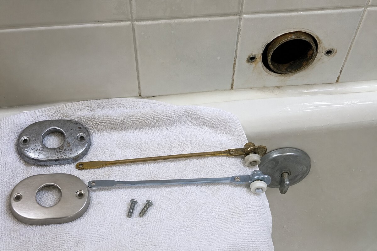 Bathtub overflow opening with cover plate removed and gasket area visible