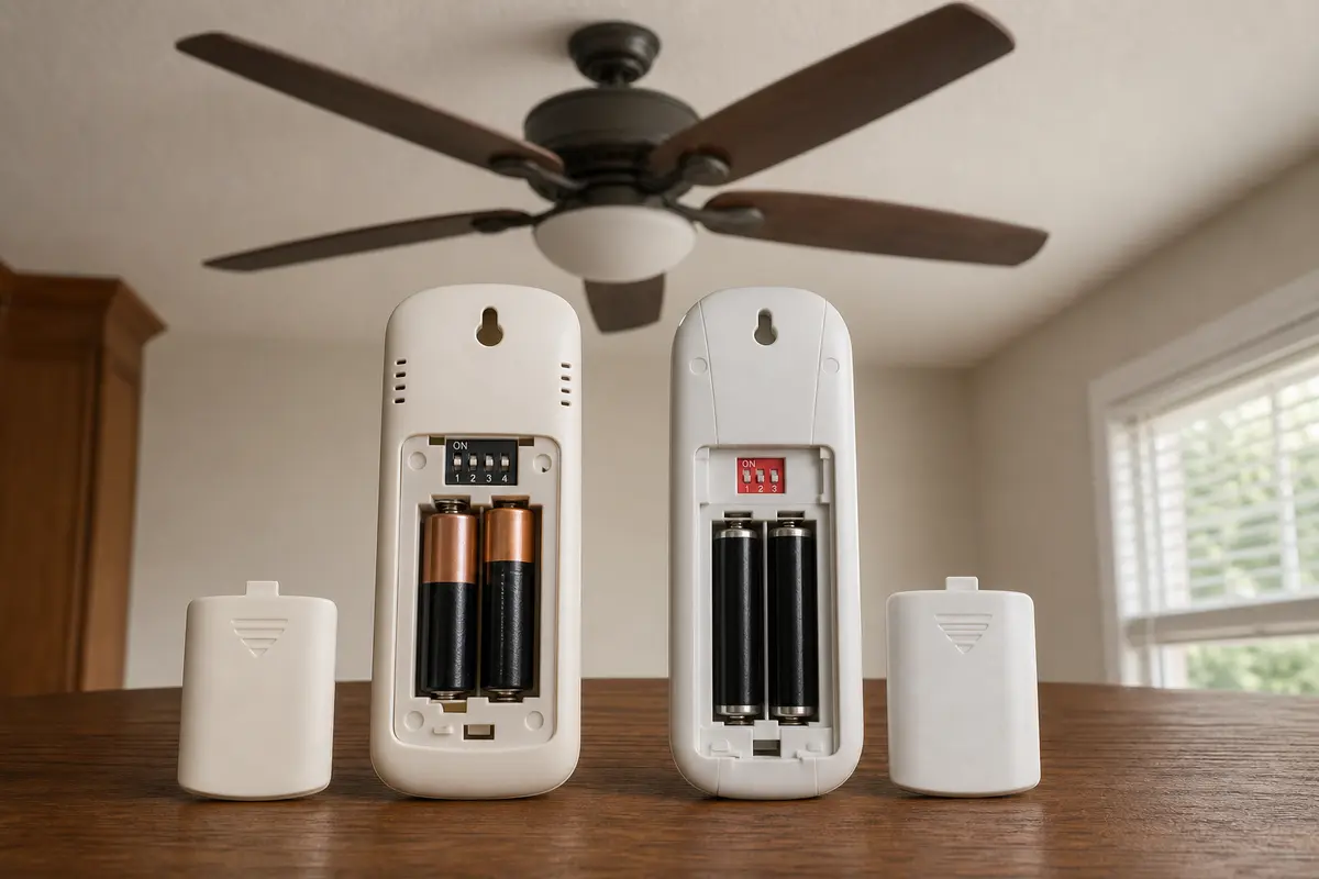 Replacement ceiling fan remote compared with the old remote for buttons and model number