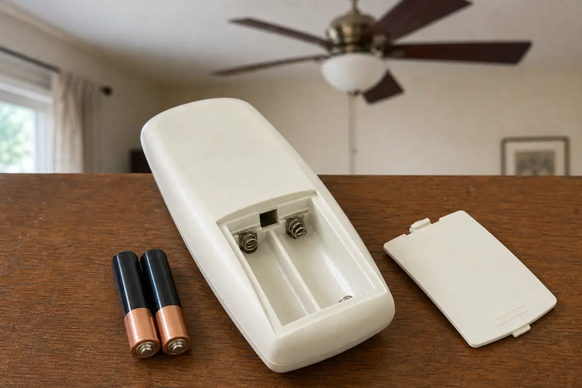 Ceiling fan remote with battery compartment and model label visible