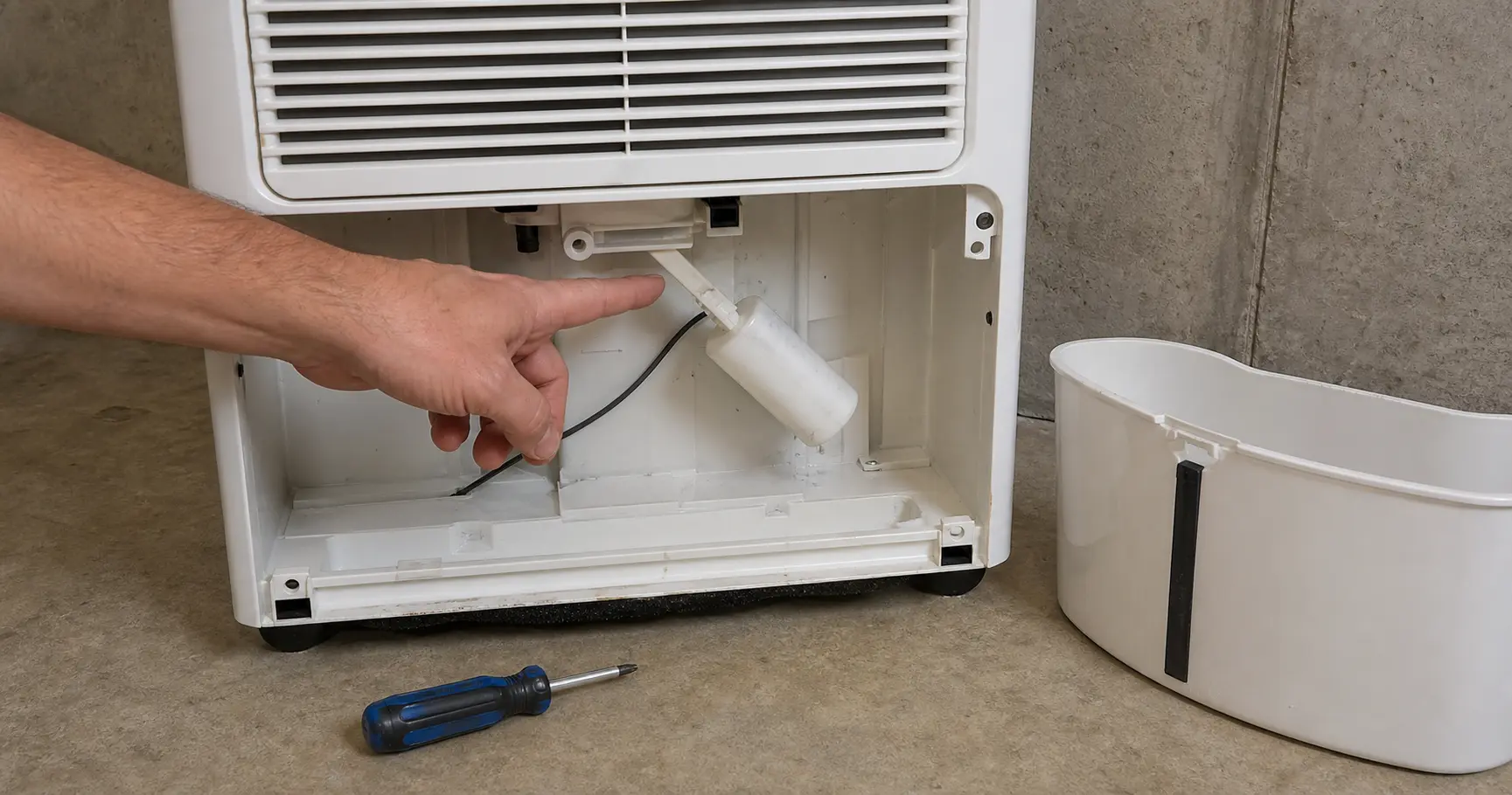 Dehumidifier bucket bay with float switch visible during replacement