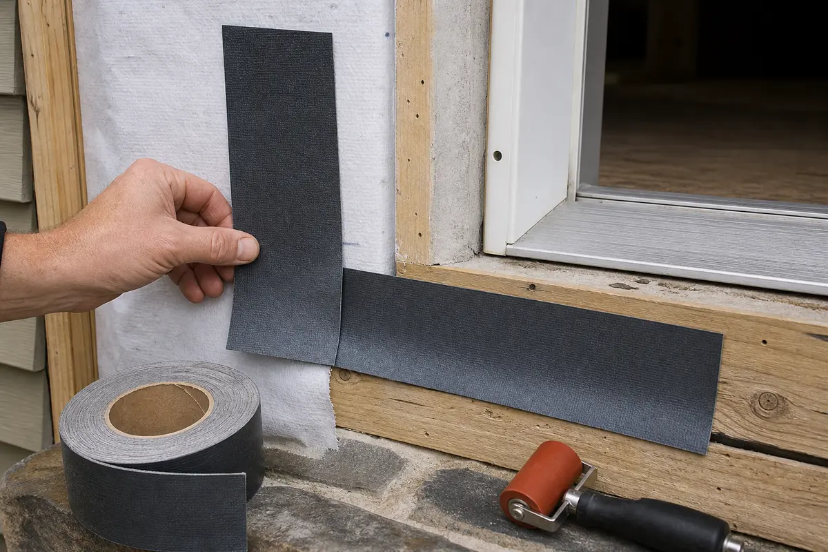 New door flashing tape dry-fit in shingle order around a door opening