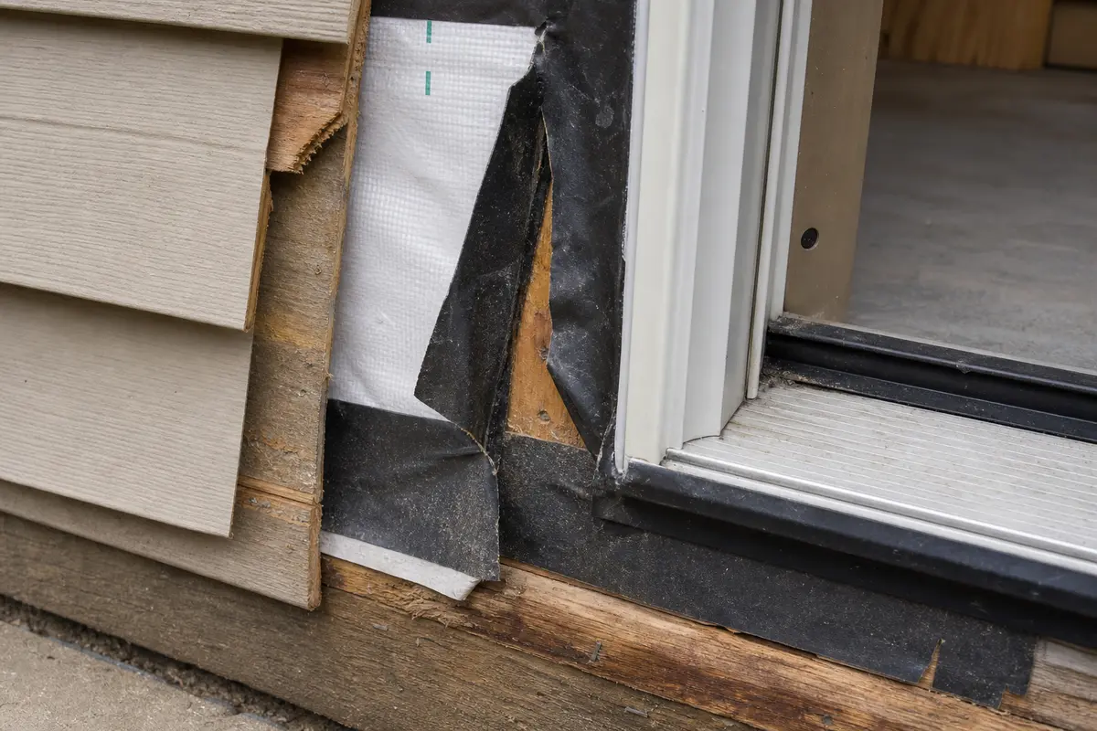 Failed door flashing tape peeling at a lower exterior door corner