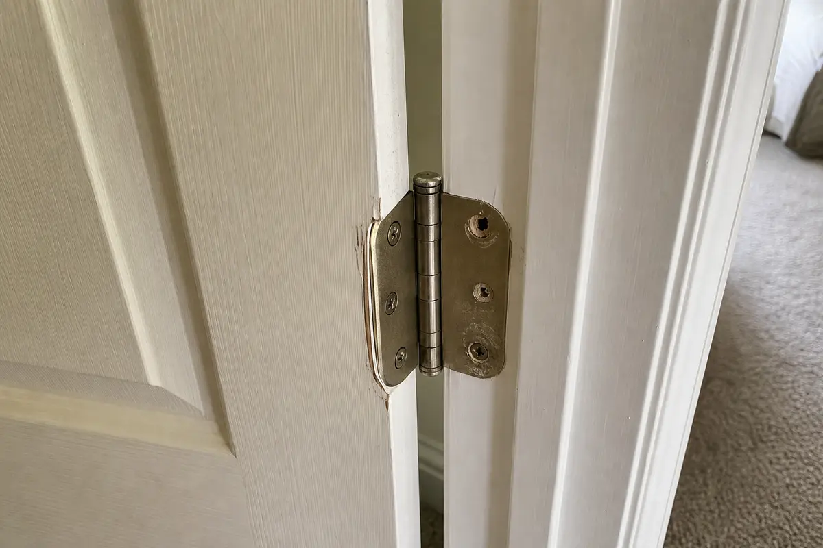 worn door hinge checked for cracked knuckles and loose screw holes before replacement