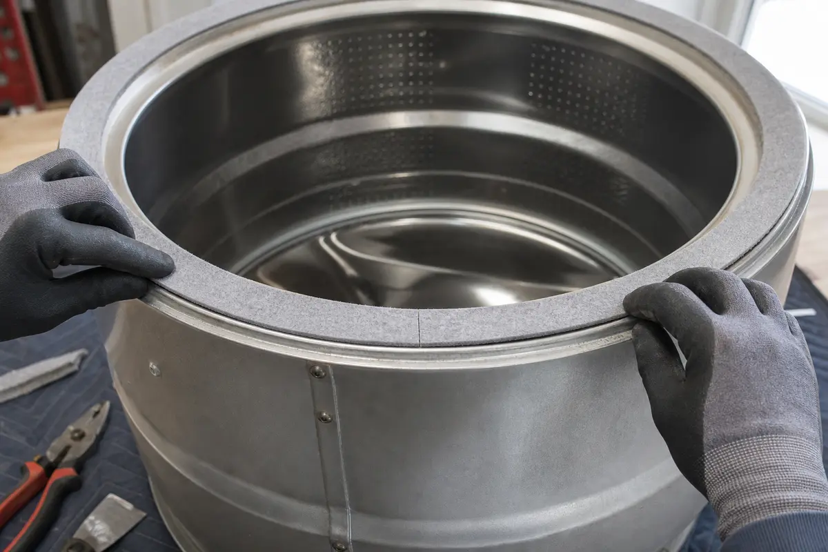 New dryer drum felt seal being dry-fit around a clean drum lip before adhesive