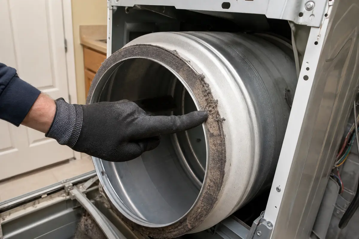 Open dryer cabinet with frayed dryer drum felt seal at the drum edge