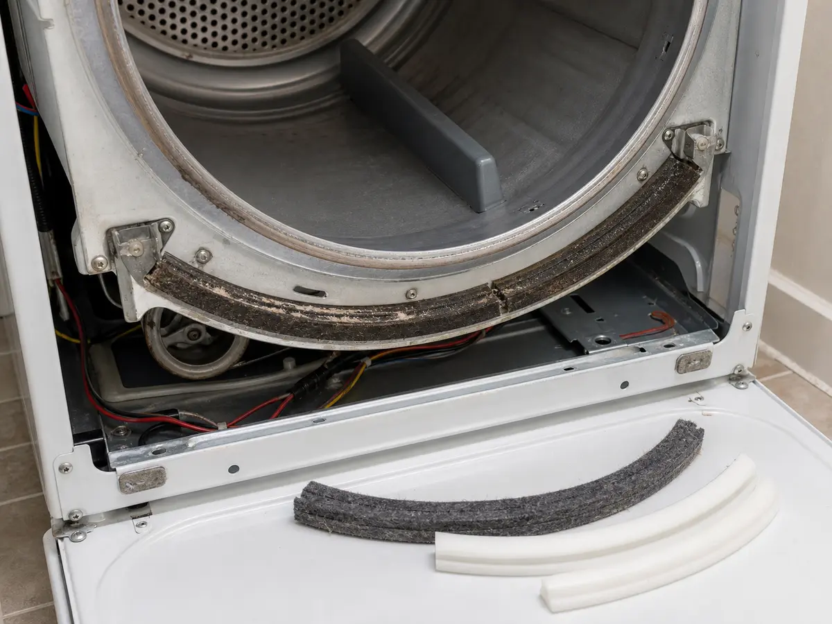 Open dryer cabinet showing worn front drum glide and replacement glide parts