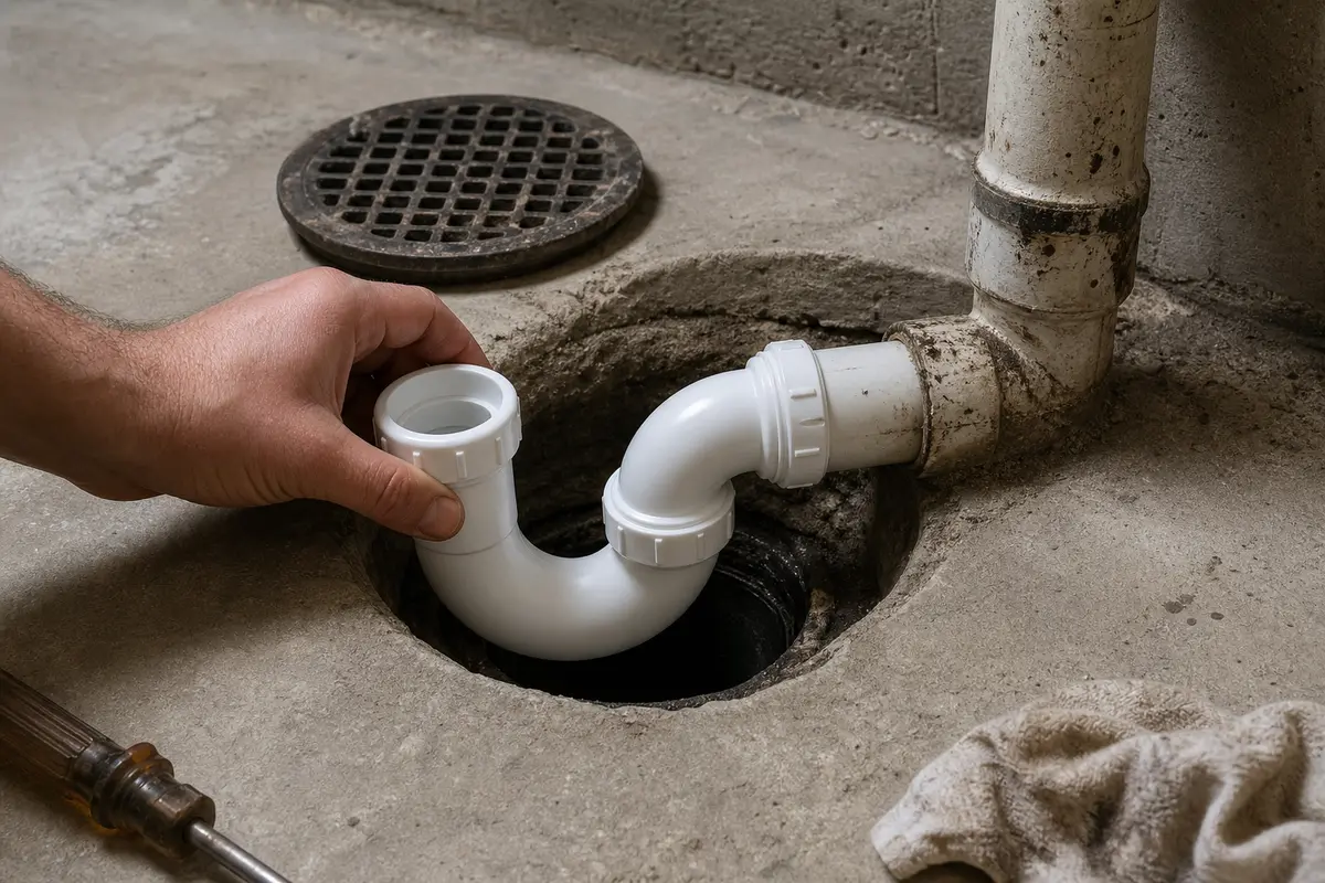 replacement floor drain P trap dry-fit to check pipe alignment before final assembly