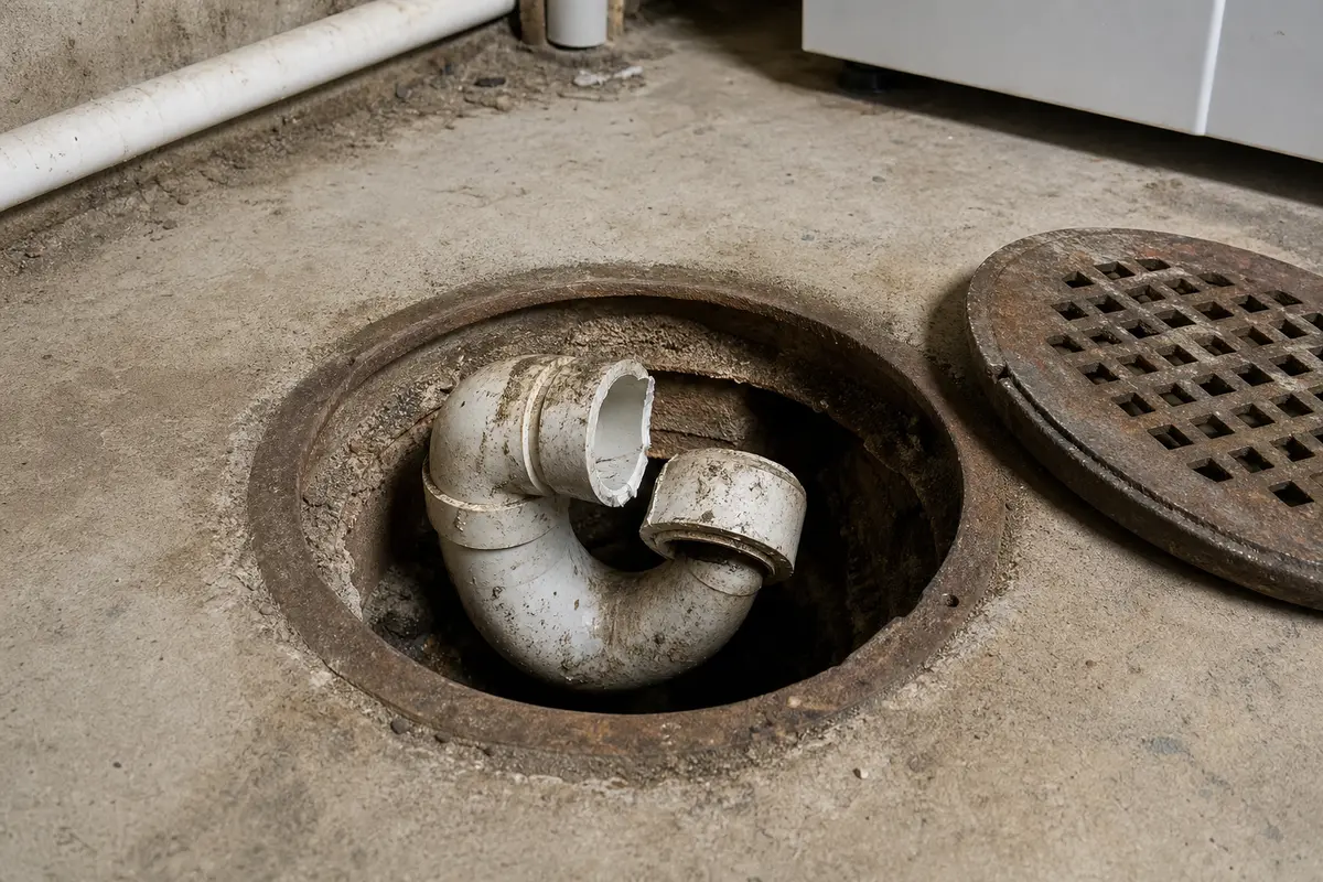 damaged floor drain P trap area showing the failure point to check before replacement