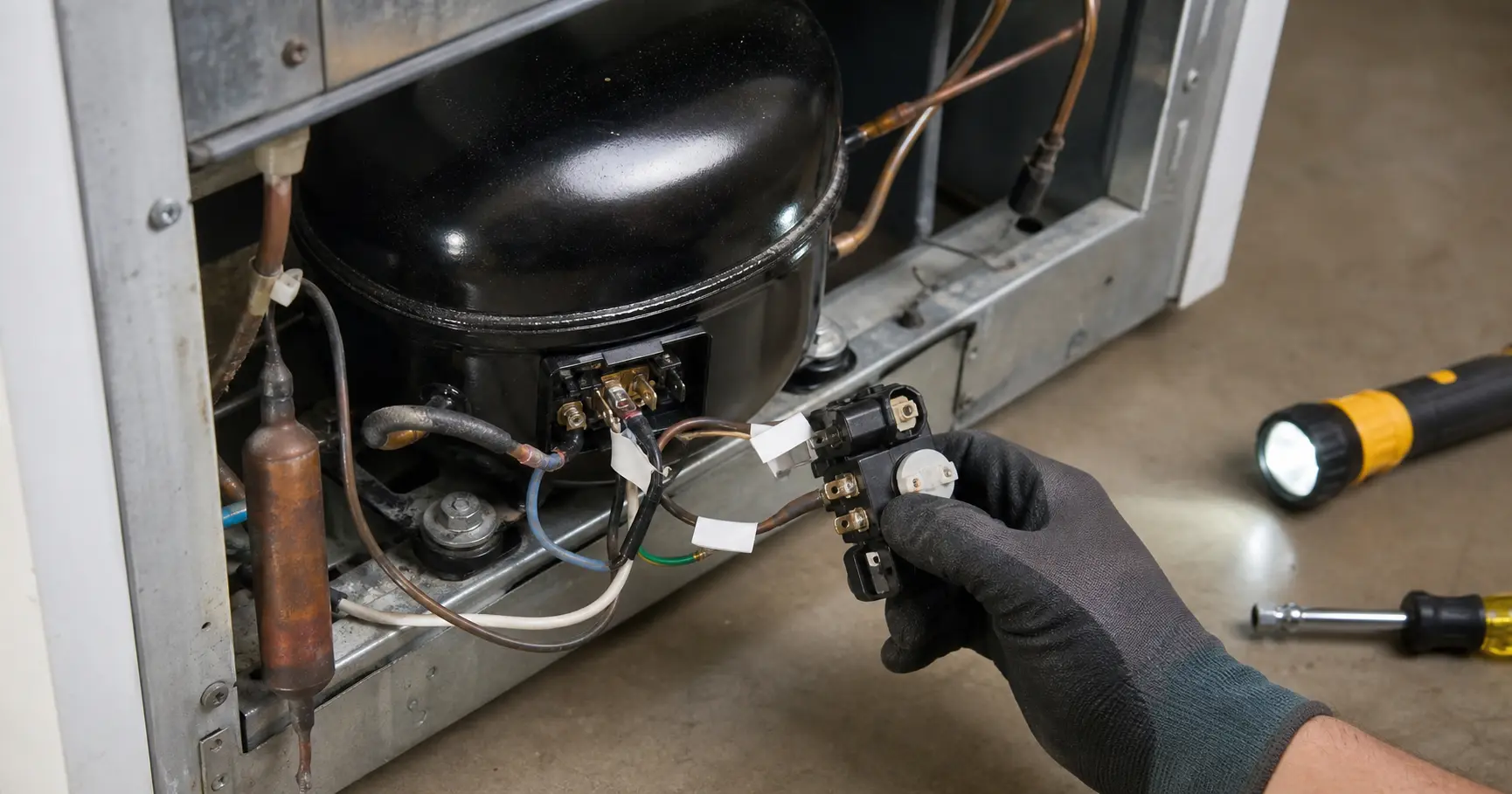 Freezer compressor start relay being removed from the rear compressor area