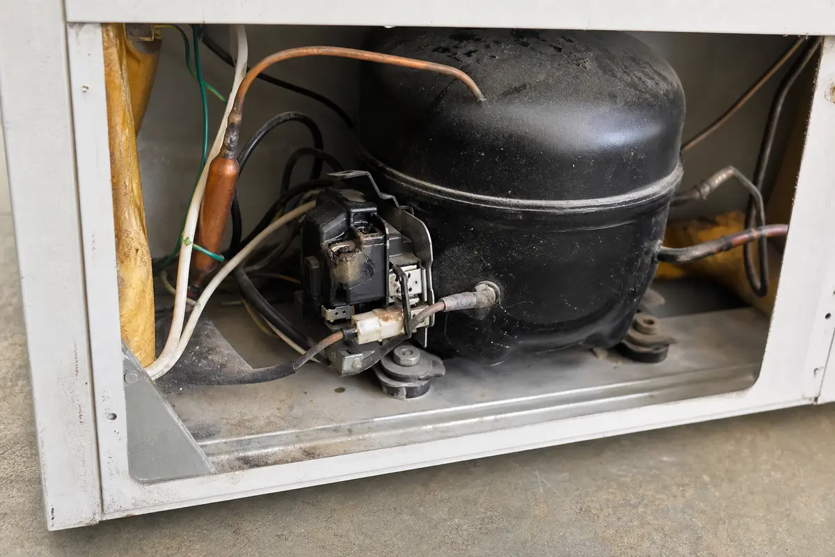 Close view of a freezer start relay area where heat marks and loose terminals should stop the repair
