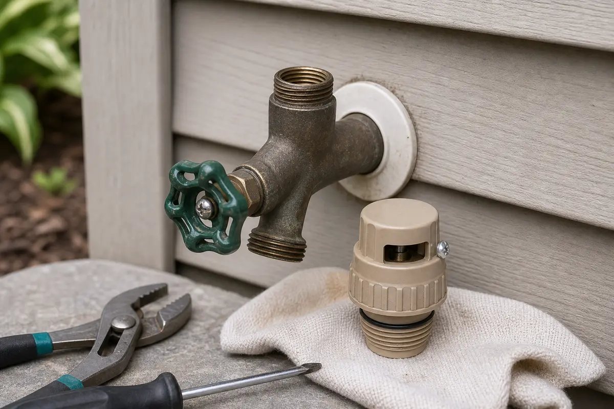 Replacement frost free hose bib vacuum breaker dry-fit beside the faucet