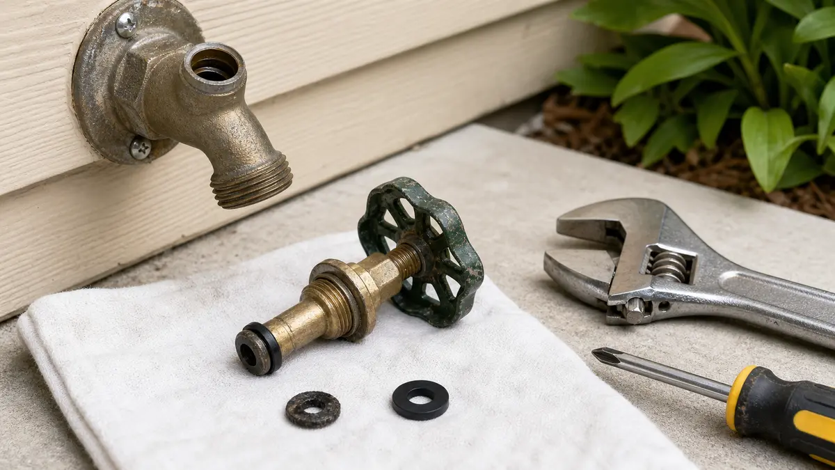 Outdoor hose bib stem removed with small washers and repair tools nearby